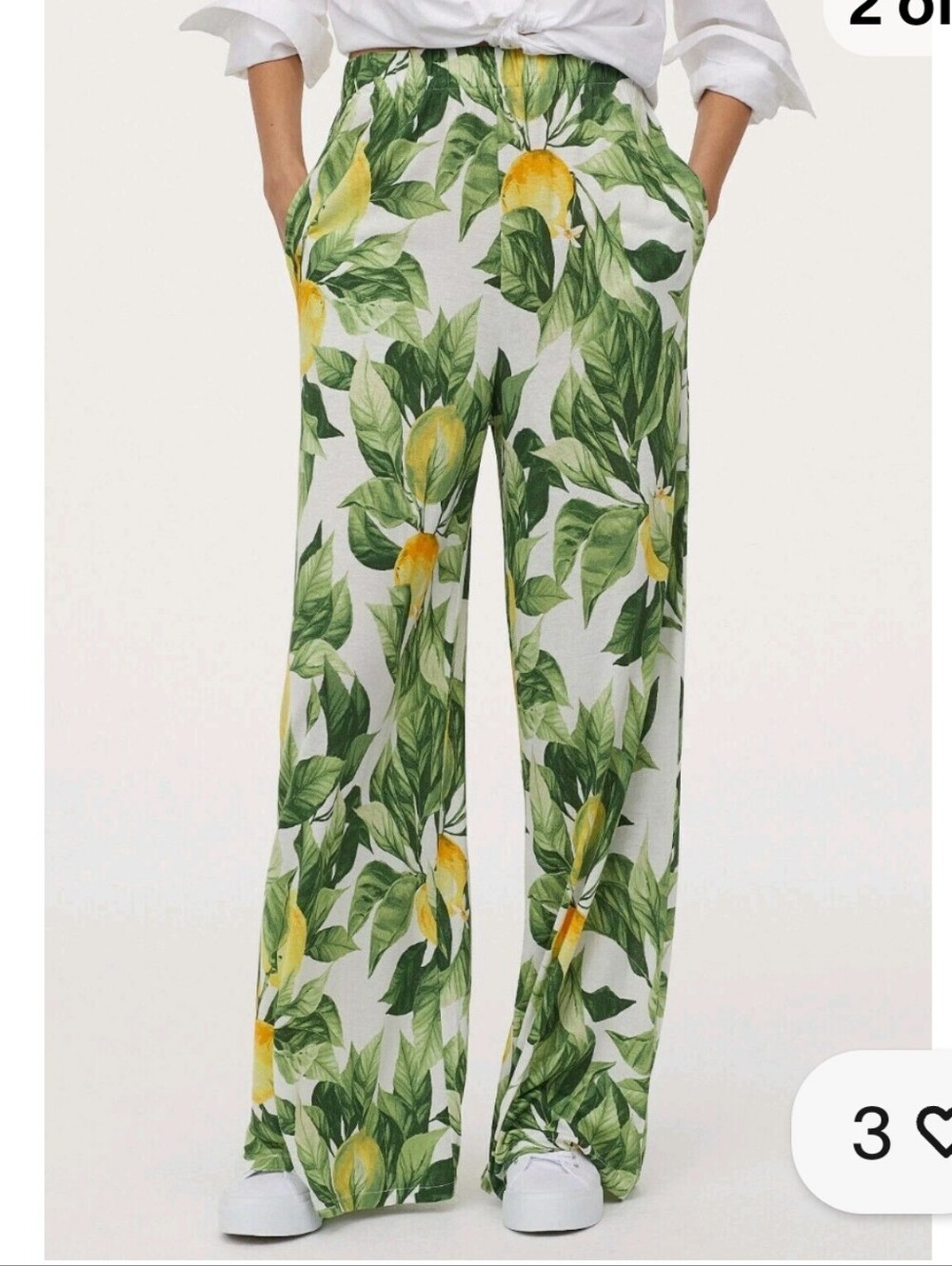 H&M Women’s Lemon Leaf Wide-Leg Pants - White/Green/Yellow Size L
